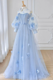 Blue Tulle Flowers Long Prom Dress, Lovely A Line Puff Sleeve Evening Dress HZ0527