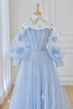 Blue Tulle Flowers Long Prom Dress, Lovely A Line Puff Sleeve Evening Dress HZ0527