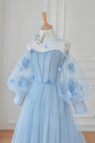 Blue Tulle Flowers Long Prom Dress, Lovely A Line Puff Sleeve Evening Dress HZ0527