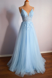 Light Blue V Neck Lace Up Appliques Tulle Long Prom Dress Evening Dress HZ0527