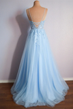 Light Blue V Neck Lace Up Appliques Tulle Long Prom Dress Evening Dress HZ0527