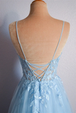 Light Blue V Neck Lace Up Appliques Tulle Long Prom Dress Evening Dress HZ0527