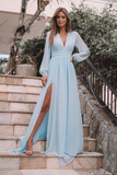 Light Blue Long Sleeves V Neck Chiffon Side Slit Prom Dresses HZ0527