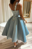 One Shoulder Satin Homecoming Dress with Floral Appliques HZ0527