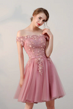 Chic A Line Off The Shoulder Tulle Pink Charming Short Prom Dress Homecoming Dress HZ0527