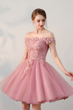 Chic A Line Off The Shoulder Tulle Pink Charming Short Prom Dress Homecoming Dress HZ0527