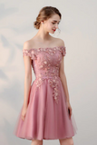 Chic A Line Off The Shoulder Tulle Pink Charming Short Prom Dress Homecoming Dress HZ0527