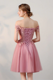 Chic A Line Off The Shoulder Tulle Pink Charming Short Prom Dress Homecoming Dress HZ0527