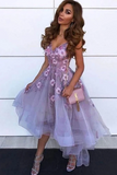 High Low V Neck Appliques Purple Lace Prom Dress, Lace Formal Graduation Homecoming Dress HZ0527
