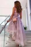 High Low V Neck Appliques Purple Lace Prom Dress, Lace Formal Graduation Homecoming Dress HZ0527