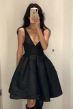 Open Back V Neck Black Satin Prom Dress, V Neck Black Homecoming Dress HZ0527