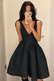 Open Back V Neck Black Satin Prom Dress, V Neck Black Homecoming Dress HZ0527