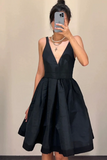 Open Back V Neck Black Satin Prom Dress, V Neck Black Homecoming Dress HZ0527