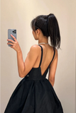 Open Back V Neck Black Satin Prom Dress, V Neck Black Homecoming Dress HZ0527