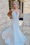 White V Neck Beading Trumpet Long Wedding Dress Bridal Gown HZ0527