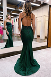 Charming Mermaid Scoop Neck Dark Green Satin Long Prom Dresses with Beading HZ0527