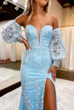 Cute Mermaid Sweetheart Sequins Lace Long Prom Dresses with Slit HZ0527