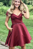 A Line Short Pleated Burgundy V Neck Off Satin Homecoming Dresses HZ0527