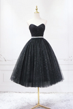 Black Strapless Shiny Tulle Tea Length Prom Dress, Black A Line Homecoming Dress HZ0527