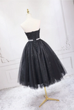 Black Strapless Shiny Tulle Tea Length Prom Dress, Black A Line Homecoming Dress HZ0527