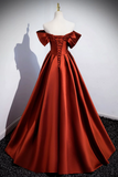 Caramel Floor Length Satin Formal Dress, Cute Off Shoulder A Line Evening Dress HZ0527