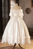 White Satin Lace Prom Dress, White Evening Dress, Wedding Dress HZ0527