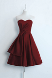 A Line Simple Strapless Burgundy Short Prom Dress Satin Homecoming Dress HZ0527