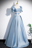 Unique Blue Satin Long Prom Dress, A Line Short Sleeve Blue Evening Dress HZ0527