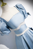 Unique Blue Satin Long Prom Dress, A Line Short Sleeve Blue Evening Dress HZ0527