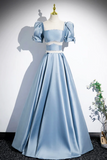 Unique Blue Satin Long Prom Dress, A Line Short Sleeve Blue Evening Dress HZ0527