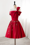 A Line Satin Burgundy Short Prom Dress, Burgundy Homecoming Dress with Beading HZ0527