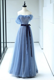 Beautiful Blue Floor Length Prom Dress, A Line Strapless Tulle Evening Dress HZ0527