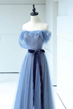 Beautiful Blue Floor Length Prom Dress, A Line Strapless Tulle Evening Dress HZ0527