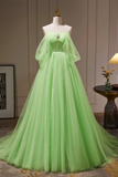 A Line Sweetheart Neck Tulle Green Long Prom Dress, Green Tulle Long Evening Dress HZ0527