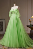 A Line Sweetheart Neck Tulle Green Long Prom Dress, Green Tulle Long Evening Dress HZ0527