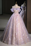 A Line Off Shoulder Tulle Lace Purple Long Prom Dress, Purple Formal Dress HZ0527