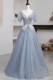 Blue Short Sleeve Tulle Floor Length Prom Dress with Beaded, Blue A Line Evening Dress HZ0527