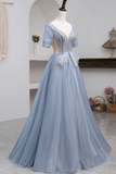 Blue Short Sleeve Tulle Floor Length Prom Dress with Beaded, Blue A Line Evening Dress HZ0527