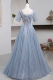 Blue Short Sleeve Tulle Floor Length Prom Dress with Beaded, Blue A Line Evening Dress HZ0527