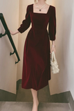 Vintage Square Necking Tea Length Burgundy Velvet Prom Dresses HZ0527