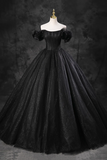 Black Tulle Floor Length A Line Prom Dress, Off the Shoulder Evening Party Dress HZ0527