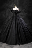 Black Tulle Floor Length A Line Prom Dress, Off the Shoulder Evening Party Dress HZ0527