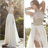 A-line Halter High Neck Lace Ivory Beach Wedding Dress,Prom Dresses HZ0527
