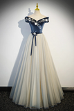 Blue Beading Appliques V Neck Floor Length Prom Dress, Off the Shoulder Princess A Line Formal Dress HZ0527