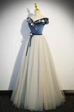 Blue Beading Appliques V Neck Floor Length Prom Dress, Off the Shoulder Princess A Line Formal Dress HZ0527