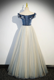 Blue Beading Appliques V Neck Floor Length Prom Dress, Off the Shoulder Princess A Line Formal Dress HZ0527