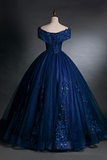 Blue Tulle Lace Long A Line Ball Gown, Off the Shoulder Evening Party Dress HZ0527