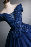 Blue Tulle Lace Long A Line Ball Gown, Off the Shoulder Evening Party Dress HZ0527