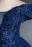 Blue Tulle Lace Long A Line Ball Gown, Off the Shoulder Evening Party Dress HZ0527