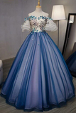 Ball Gown Off the Shoulder Short Sleeve Lace up Sweetheart Prom Dress with Appliques HZ0527